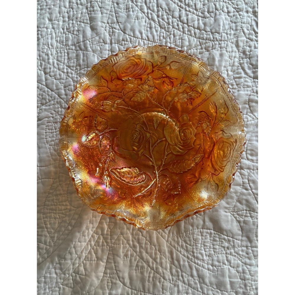 Vintage Imperial Glass American Beauty Embossed Rose‎ Open Marigold Lustre 1950s